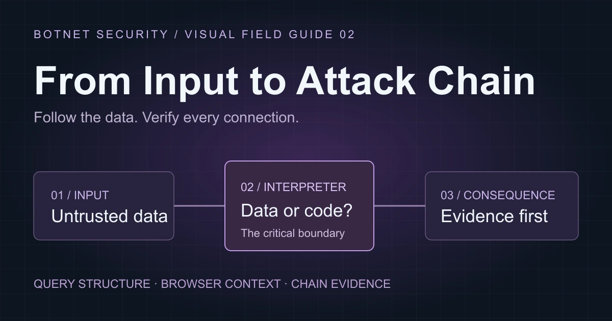 From Input to Attack Chain: untrusted data reaches an interpreter, with a boundary check separating it from impact.